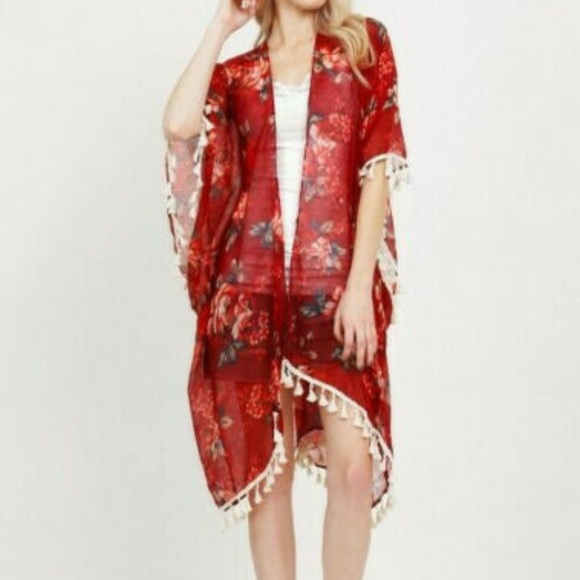 BOHO FLORAL FRINGE MAXI KIMONO CARDIGAN DUSTER OS - Picture 2 of 5